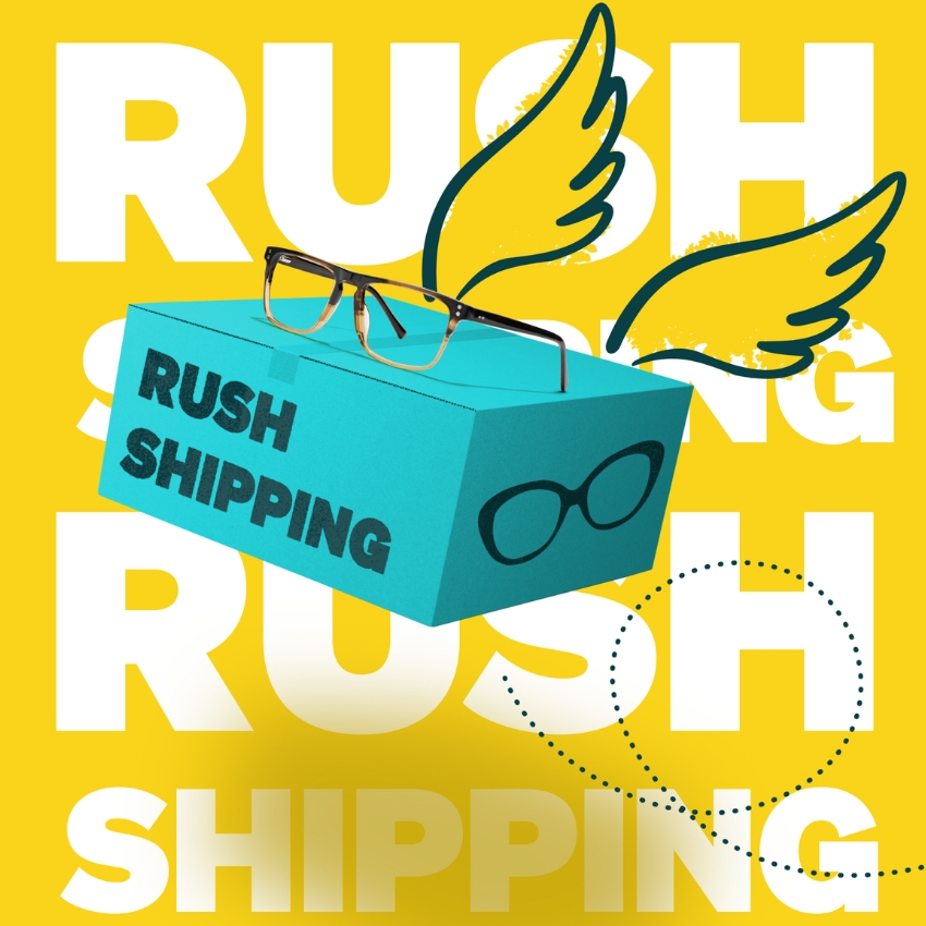 Box with glasses, wings, and text "RUSH SHIPPING" on a yellow background.