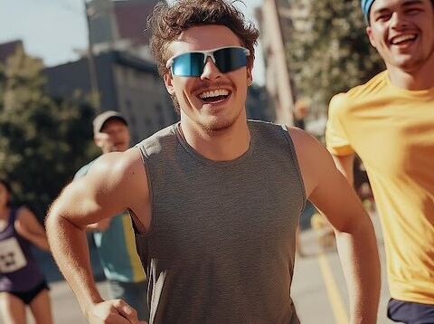 Man wearing sporty sunglasses while running.