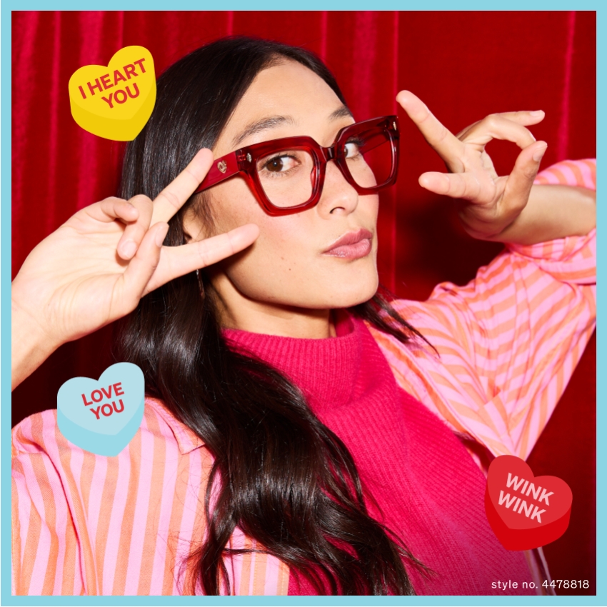 Red glasses with text: I HEART YOU, LOVE YOU, WINK WINK. Style no. 4478818.