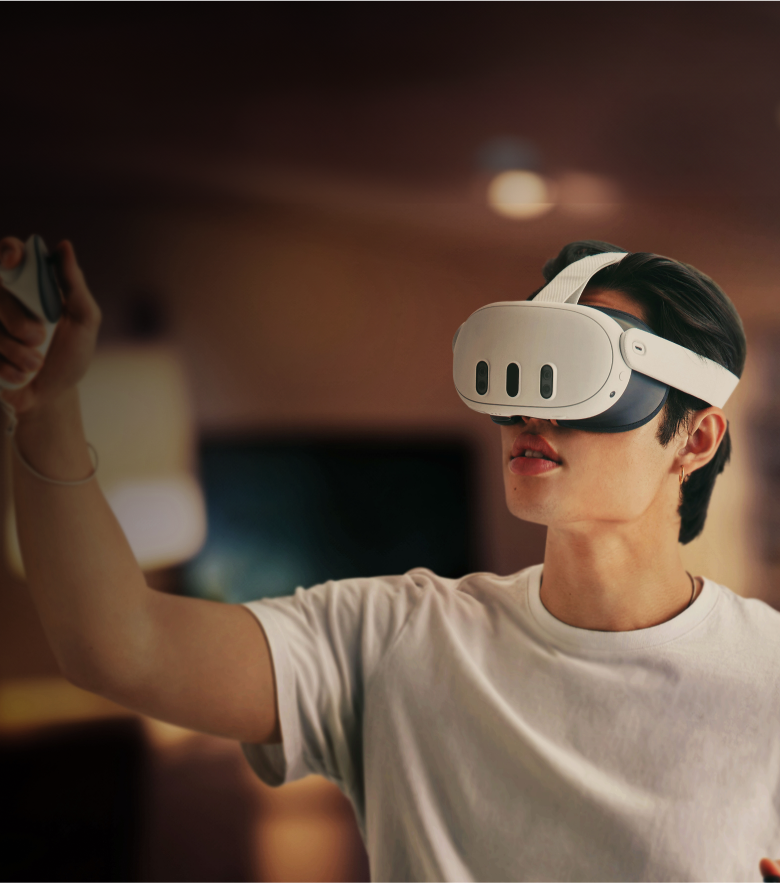 Image of a man wearing the Meta Quest 3 VR headset.