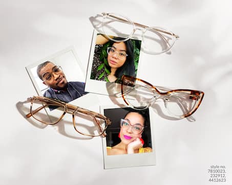 Image of three pairs of Zenni glasses, placed next to three polaroid images of customers wearing the same glasses.