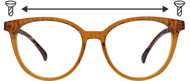 Image of a pair of glasses viewed from the front, with a line that outlines the width of the glasses' frame front.