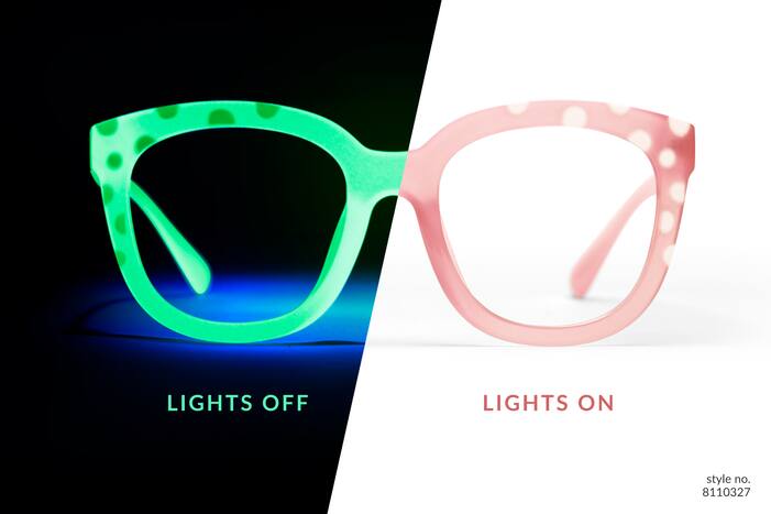 Image of Zenni glow-in-the-dark glasses #8110327, split in half; with one side in the dark glowing neon green, and the other in the light appearing peach pink. The dark said says ‘lights off’ and the light side says ‘lights on’.