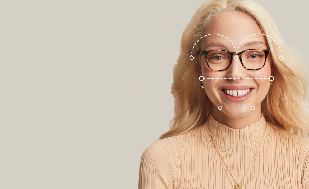 Heart Face Shape. Square and aviator glasses bring softness and balance to angular heart faces. Frames for heart faces. Image of a woman wearing Zenni glasses, with dotted lines over her face showing the various dimensions of her face.
