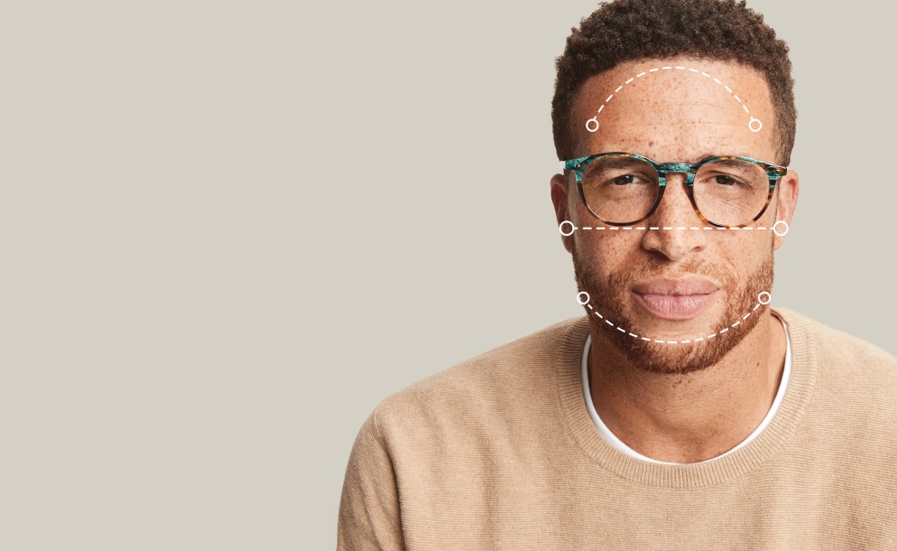 Oval face shape. Proportionally balanced oval faces will look good in almost any frame style. Frames for oval faces. Image of a man wearing Zenni glasses, with dotted lines over his face showing the various dimensions of his face.