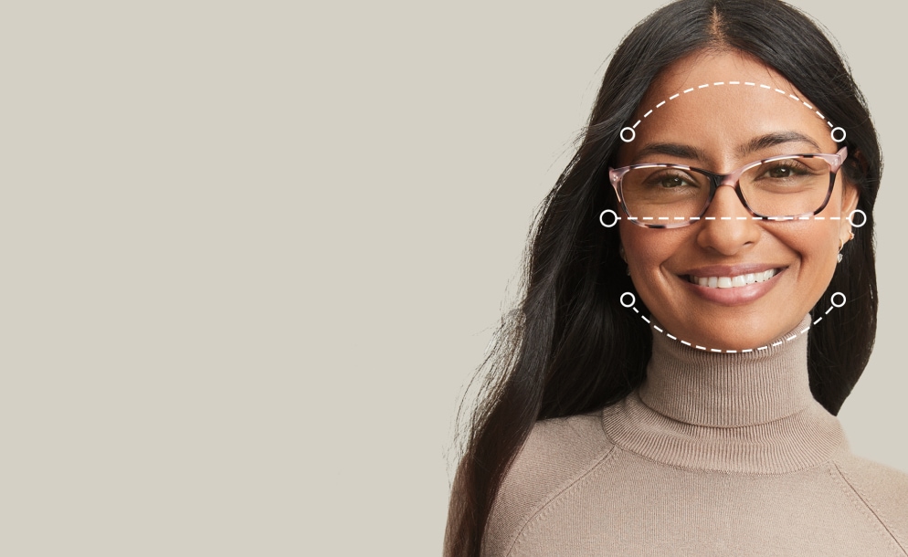 Round Face Shape. Rectangle and geometric frames add definition to round faces with soft features. Frames for round faces. Image of a woman wearing Zenni glasses, with dotted lines over her face showing the various dimensions of her face.
