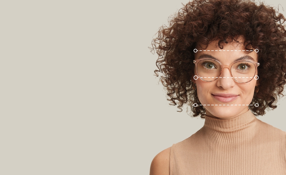 Square face shape. Round and oval glasses add balance and structure to square faces. Frames for square faces. Image of a woman wearing Zenni glasses, with dotted lines over her face showing the various dimensions of her face.