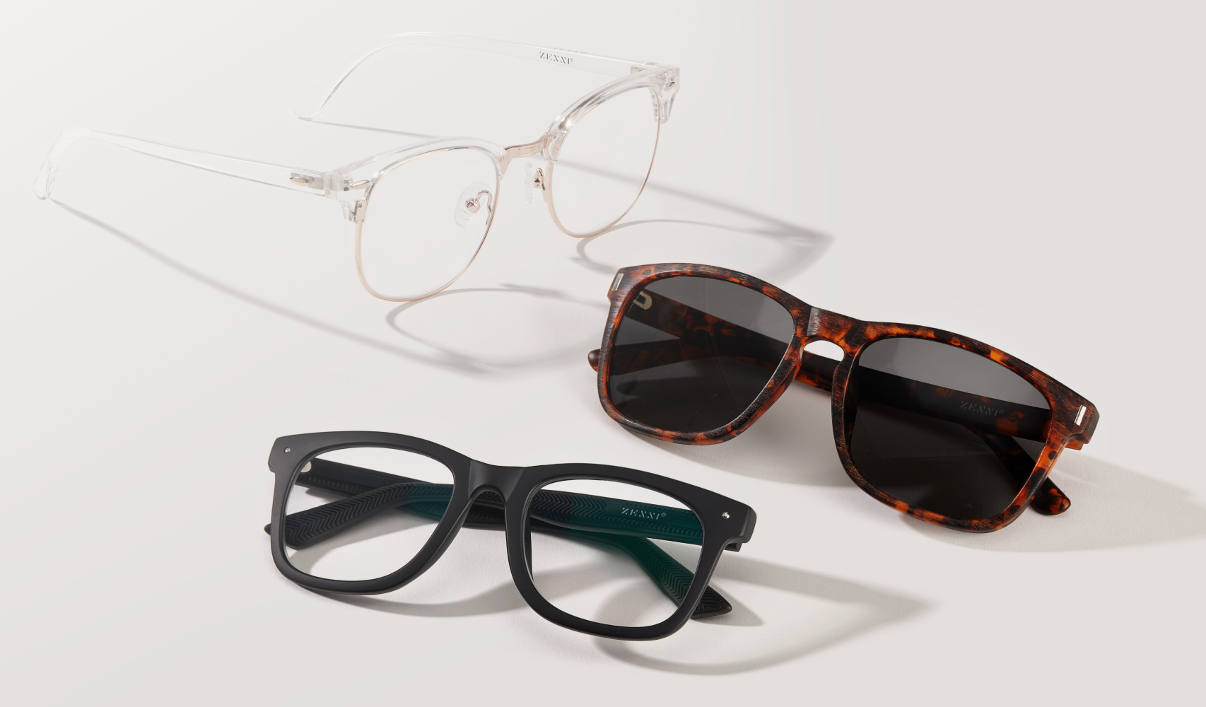 Image of three pairs of Zenni glasses and sunglasses. From top to bottom: clear browline #1913123, tortoiseshell square sunglasses #1116325, black square glasses #125221.