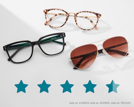 Image of Zenni glasses: tortoiseshell glasses #7811125, black glasses #4413021, aviator sunglasses #1126014, and browline glasses #195421.