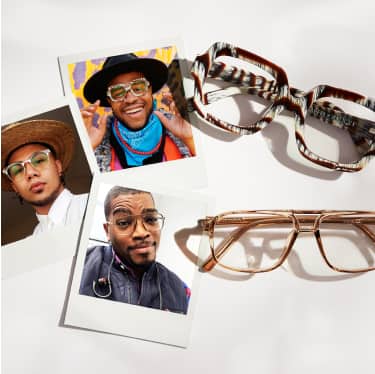Round transparent glasses, aviators with tortoiseshell arms, and transparent cat-eye frames with a tortoiseshell border next to polaroids of Zenni fans rocking them.